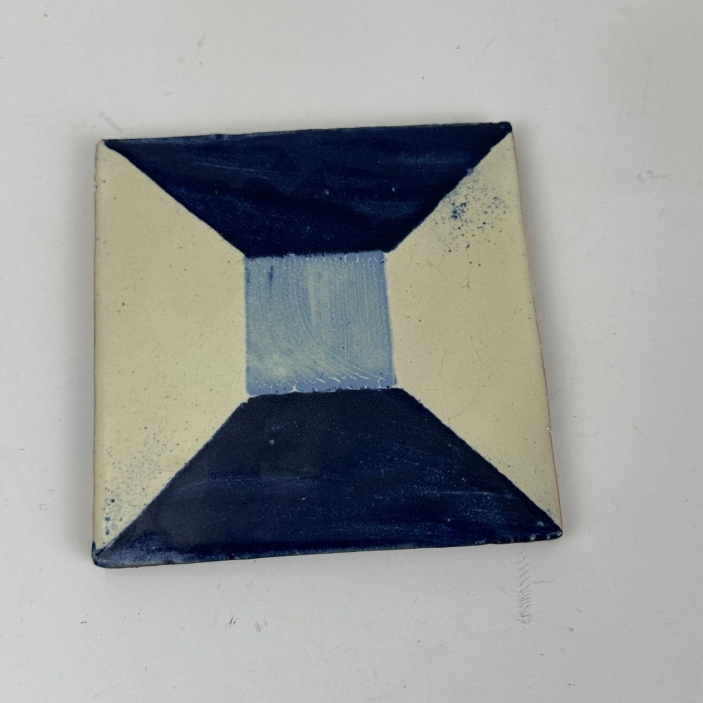 Vintage Hand Painted Ceramic Tile Coaster Blue Cream Geometric MCM Art Pottery